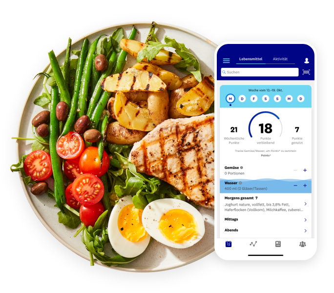 Ein Teller mit Ei, Hähnchen und Gemüse und daneben eine Vorschau der App