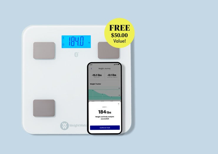 Body weight scale featured with a burst touting that it is free and a $50 value. Also shown is a screenshot of the weight tracking in the app.