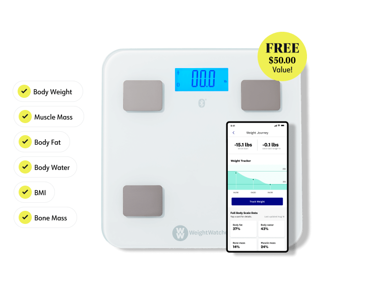 Body weight scale featured with a burst touting that it is free and a $30 value. Listed next to it are its benefits: syncs with WW app, easily tracks progress, more accountability, and builds healthy habits. Also shown is a screenshot of the weight tracking in the app.