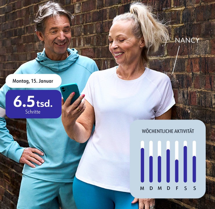 Ein Mann und eine Frau in Sportkleidung plus Activity-Tracking in der App