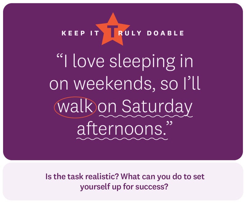 “I love sleeping in on weekends, so I’ll walk on Saturday afternoons.” Keep it truly doable. Is the task realistic? What can you do to set yourself up for success? 