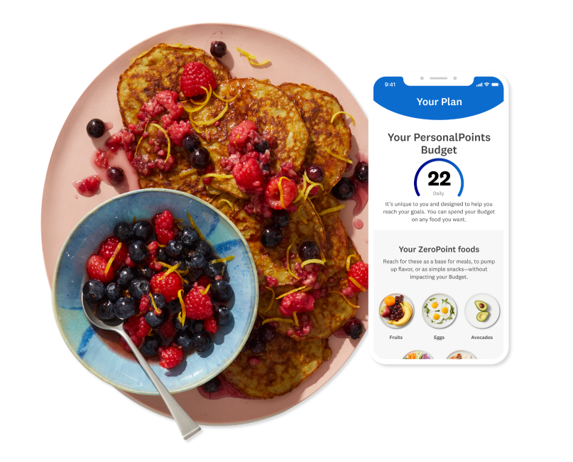 A plate of pancakes and berries alongside a preview screen the WW app